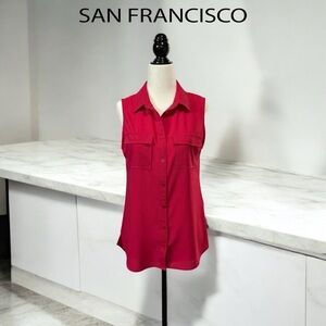San Francisco, Chic Sleeveless Button-Down Blouse, Small, Color : Cherry